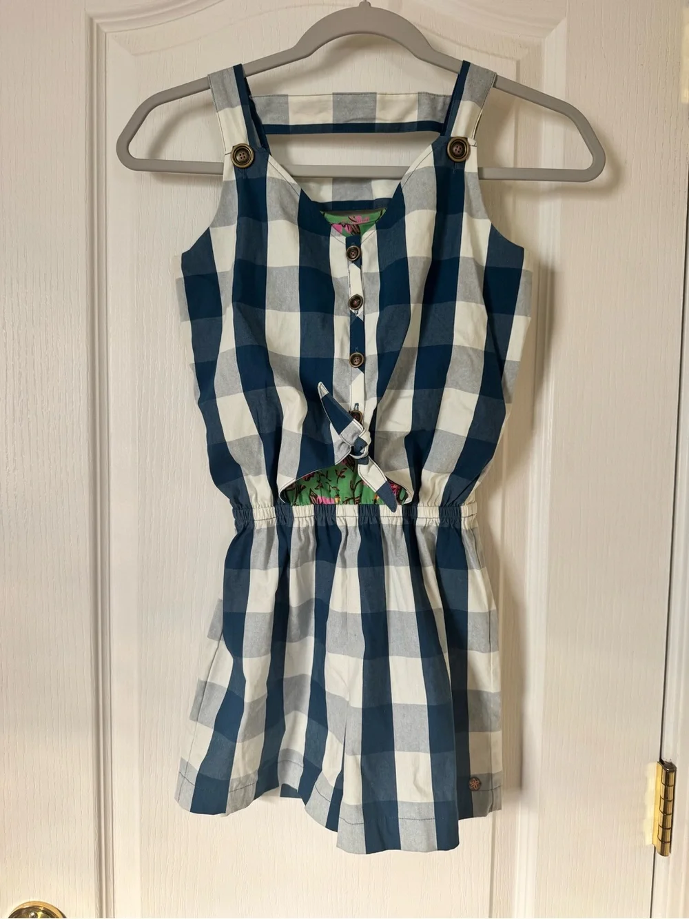 Matilda Jane Country Roads Buffalo Plaid Front Tie Romper Size 12